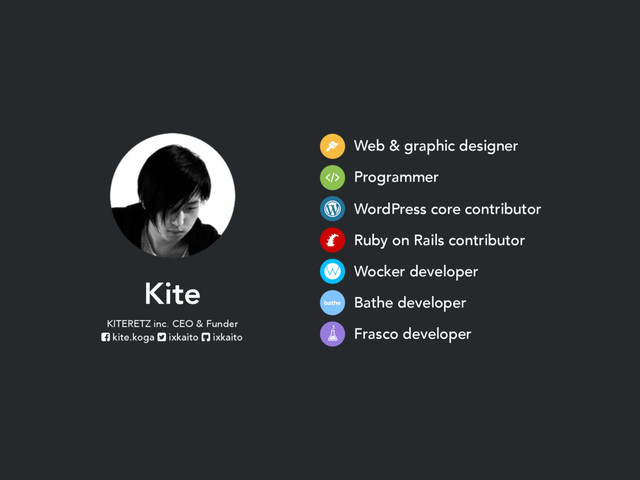 WordPress core contributor
Ruby on Rails contributor
Wocker developer
Bathe developer
Frasco developer
Web & graphic designer
Programmer
Kite
KITERETZ inc. CEO & Funder
! kite.koga " ixkaito # ixkaito
