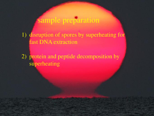 1) disruption of spores by superheating for
fast DNA extraction
2) protein and peptide decomposition by
superheating
58
sample preparation
