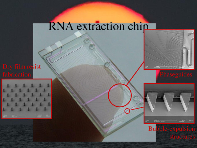 RNA extraction chip
Bubble-expulsion
structures
Phaseguides
Dry film resist
fabrication
