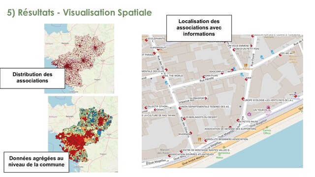5) Résultats - Visualisation Spatiale
Distribution des
associations
Localisation des
associations avec
informations
Données agrégées au
niveau de la commune
