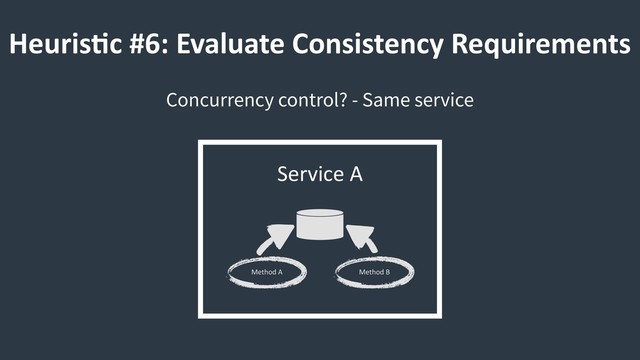HeurisCc #6: Evaluate Consistency Requirements
Concurrency control? - Same service
Method A Method B
 
Service A

