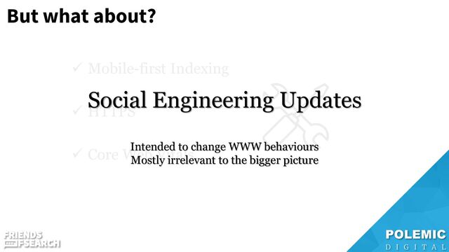 But what about?
✓ Mobile-first Indexing
✓ HTTPS
✓ Core Web Vitals
Social Engineering Updates
Intended to change WWW behaviours
Mostly irrelevant to the bigger picture
