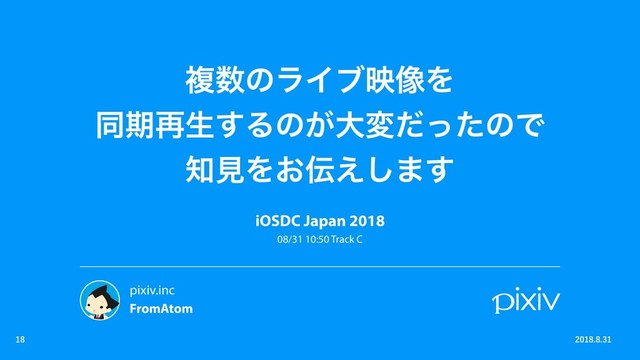 ෳ਺ͷϥΠϒө૾Λ
ಉظ࠶ੜ͢Δͷ͕େมͩͬͨͷͰ
஌ݟΛ͓఻͑͠·͢


iOSDC Japan 2018
08/31 10:50 Track C

pixiv.inc
FromAtom
