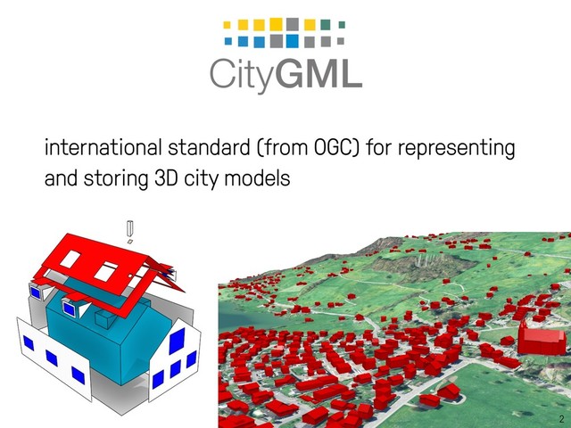 2
international standard (from OGC) for representing
and storing 3D city models
