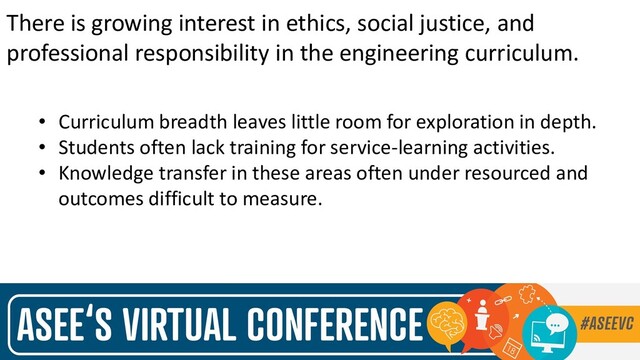 There is growing interest in ethics, social justice, and
professional responsibility in the engineering curriculum.
• Curriculum breadth leaves little room for exploration in depth.
• Students often lack training for service-learning activities.
• Knowledge transfer in these areas often under resourced and
outcomes difficult to measure.
