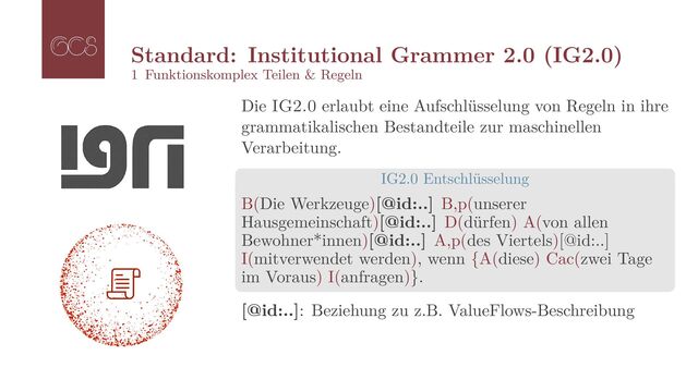 Standard: Institutional Grammer 2.0 (IG2.0)
1 Funktionskomplex Teilen & Regeln
Die IG2.0 erlaubt eine Aufschl¨
usselung von Regeln in ihre
grammatikalischen Bestandteile zur maschinellen
Verarbeitung.
IG2.0 Entschl¨
usselung
B(Die Werkzeuge)[@id:..] B,p(unserer
Hausgemeinschaft)[@id:..] D(d¨
urfen) A(von allen
Bewohner*innen)[@id:..] A,p(des Viertels)[@id:..]
I(mitverwendet werden), wenn {A(diese) Cac(zwei Tage
im Voraus) I(anfragen)}.
[@id:..]: Beziehung zu z.B. ValueFlows-Beschreibung
