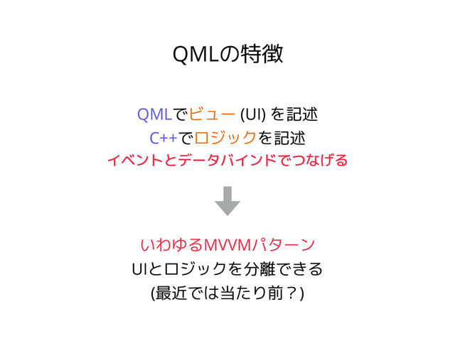 QMLの特徴
QMLでビュー (UI) を記述
C++でロジックを記述
イベントとデータバインドでつなげる
いわゆるMVVMパターン
UIとロジックを分離できる
(最近では当たり前？)
