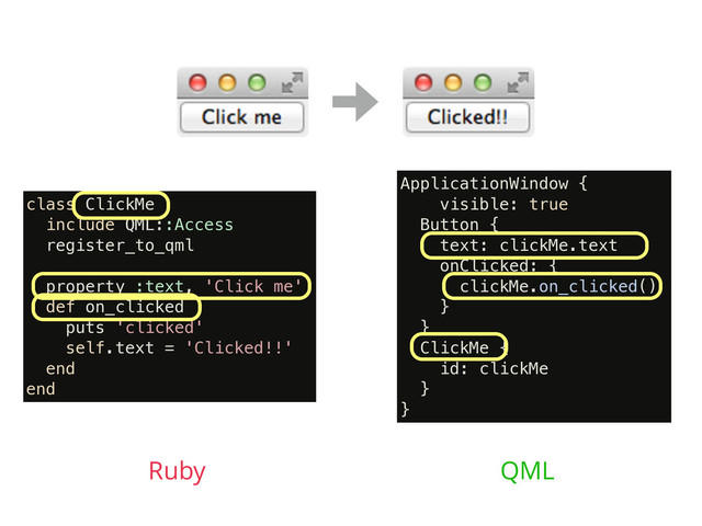 class ClickMe
include QML::Access
register_to_qml
!
property :text, 'Click me'
def on_clicked
puts 'clicked'
self.text = 'Clicked!!'
end
end
Ruby
ApplicationWindow {
visible: true
Button {
text: clickMe.text
onClicked: {
clickMe.on_clicked()
}
}
ClickMe {
id: clickMe
}
}
QML
