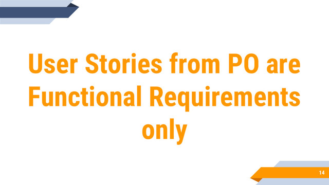 14
User Stories from PO are
Functional Requirements
only
