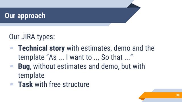 Our approach
30
Our JIRA types:
▰ Technical story with estimates, demo and the
template “As ... I want to ... So that ...”
▰ Bug, without estimates and demo, but with
template
▰ Task with free structure
