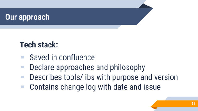 Our approach
31
Tech stack:
▰ Saved in confluence
▰ Declare approaches and philosophy
▰ Describes tools/libs with purpose and version
▰ Contains change log with date and issue
