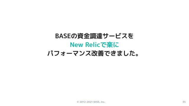 © 2012-2021 BASE, Inc. 35
BASEの資金調達サービスを
New Relicで楽に
パフォーマンス改善できました。

