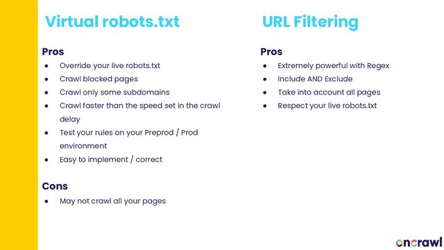 Virtual robots.txt
● Override your live robots.txt
● Crawl blocked pages
● Crawl only some subdomains
● Crawl faster than the speed set in the crawl
delay
● Test your rules on your Preprod / Prod
environment
● Easy to implement / correct
● May not crawl all your pages
Cons
Pros
● Extremely powerful with Regex
● Include AND Exclude
● Take into account all pages
● Respect your live robots.txt
Pros
URL Filtering
