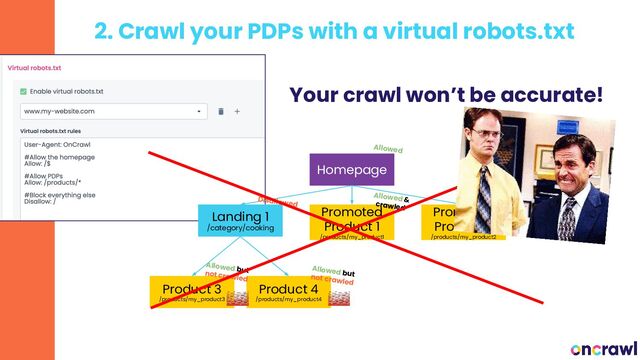 Homepage
Landing 1
/category/cooking
2. Crawl your PDPs with a virtual robots.txt
Promoted
Product 1
/products/my_product1
Promoted
Product 2
/products/my_product2
Product 3
/products/my_product3
Product 4
/products/my_product4
Allowed
Allowed &
crawled
Allowed &
crawled
Disallowed
Allowed but
not crawled
Allowed but
not crawled
Your crawl won’t be accurate!
