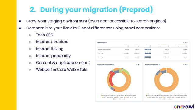 2. During your migration (Preprod)
● Crawl your staging environment (even non-accessible to search engines)
● Compare it to your live site & spot differences using crawl comparison:
○ Tech SEO
○ Internal structure
○ Internal linking
○ Internal popularity
○ Content & duplicate content
○ Webperf & Core Web Vitals
