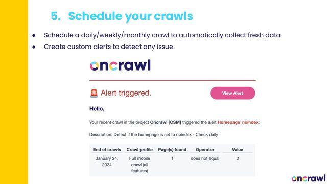 5. Schedule your crawls
● Schedule a daily/weekly/monthly crawl to automatically collect fresh data
● Create custom alerts to detect any issue
