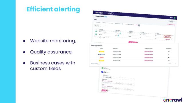 Efficient alerting
● Website monitoring,
● Quality assurance,
● Business cases with
custom fields
