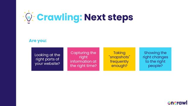 Crawling: Next steps
Are you:
Looking at the
right parts of
your website?
Capturing the
right
information at
the right time?
Taking
"snapshots"
frequently
enough?
Showing the
right changes
to the right
people?
