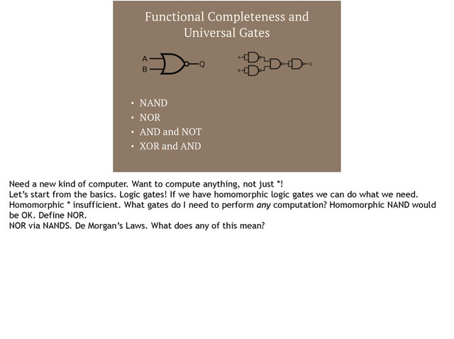 Functional Completeness and
Universal Gates
• NAND
• NOR
• AND and NOT
• XOR and AND
Need a new kind of computer. Want to compute anything, not just *!
Let’s start from the basics. Logic gates! If we have homomorphic logic gates we can do what we need.
Homomorphic * insufficient. What gates do I need to perform any computation? Homomorphic NAND would
be OK. Define NOR.
NOR via NANDS. De Morgan’s Laws. What does any of this mean?
