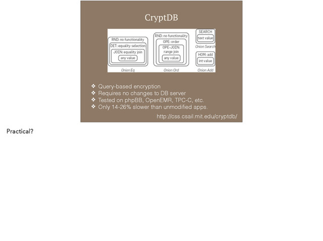 CryptDB
❖ Query-based encryption
❖ Requires no changes to DB server
❖ Tested on phpBB, OpenEMR, TPC-C, etc.
❖ Only 14-26% slower than unmodiﬁed apps.
http://css.csail.mit.edu/cryptdb/
Practical?
