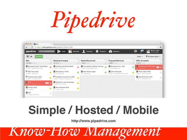 Pipedrive
http://www.pipedrive.com
Simple / Hosted / Mobile
Know-How Management
