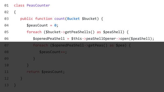 class PeasCounter
{
public function count(Bucket $bucket) {
$peasCount = 0;
foreach ($bucket->getPeaShells() as $peaShell) {
$openedPeaShell = $this->peaShellOpener->open($peaShell);
foreach ($openedPeaShell->getPeas() as $pea) {
$peasCount++;
}
}
return $peasCount;
}
}
01
02
03
04
05
06
07
08
09
10
11
12
13
