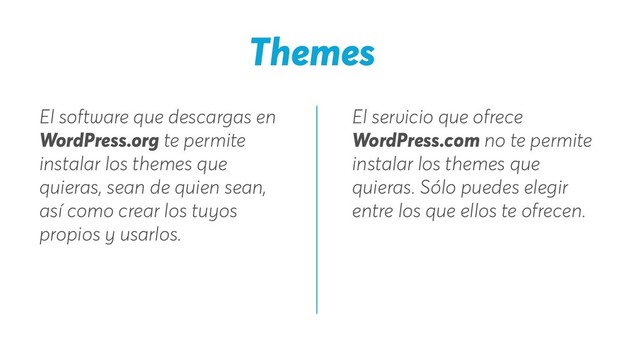 Themes
El servicio que ofrece
WordPress.com no te permite
instalar los themes que
quieras. Sólo puedes elegir
entre los que ellos te ofrecen.
El software que descargas en
WordPress.org te permite
instalar los themes que
quieras, sean de quien sean,
así como crear los tuyos
propios y usarlos.
