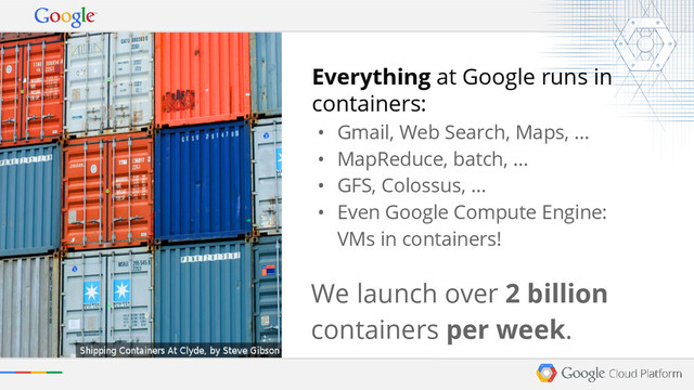 Everything at Google runs in
containers:
• Gmail, Web Search, Maps, ...
• MapReduce, batch, ...
• GFS, Colossus, ...
• Even Google Compute Engine:
VMs in containers!
We launch over 2 billion
containers per week.
