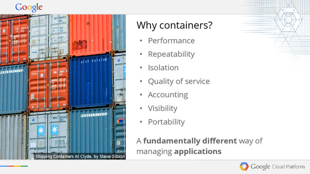 Why containers?
• Performance
• Repeatability
• Isolation
• Quality of service
• Accounting
• Visibility
• Portability
A fundamentally different way of
managing applications
