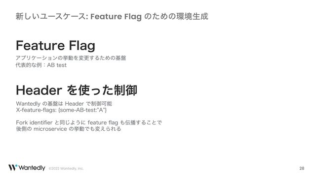 ©2022 Wantedly, Inc.
৽͍͠Ϣʔεέʔε: Feature Flag ͷͨΊͷ؀ڥੜ੒
'FBUVSF'MBH
ΞϓϦέʔγϣϯͷڍಈΛมߋ͢ΔͨΊͷج൫
୅දతͳྫɿ"#UFTU
8BOUFEMZͷج൫͸)FBEFSͰ੍ޚՄೳ
 
9GFBUVSF
fl
BHT\TPNF"#UFTUz"z^
'PSLJEFOUJ
fi
FSͱಉ͡Α͏ʹGFBUVSF
fl
BH΋఻೻͢Δ͜ͱͰ
ޙଆͷNJDSPTFSWJDFͷڍಈͰ΋ม͑ΒΕΔ
28
)FBEFSΛ࢖੍ͬͨޚ
