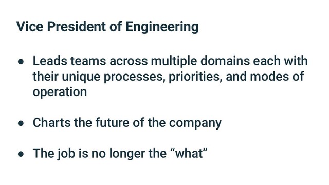 Vice President of Engineering
● Leads teams across multiple domains each with
their unique processes, priorities, and modes of
operation
● Charts the future of the company
● The job is no longer the “what”
