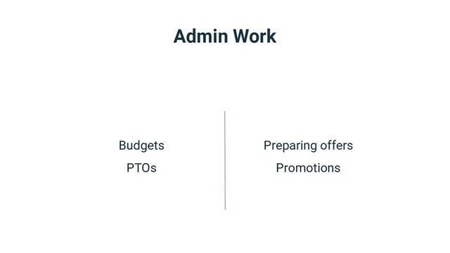 Budgets
PTOs
Preparing offers
Promotions
Admin Work
