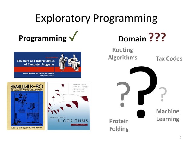 Exploratory Programming
Programming
✓ Domain ???
6
Tax Codes
Routing
Algorithms
Machine
Learning
Protein
Folding
? ?
?
