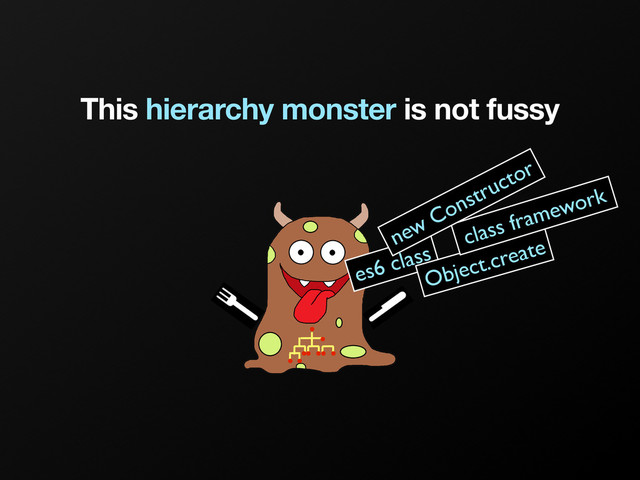This hierarchy monster is not fussy
es6 class
Object.create
class framework
new Constructor
