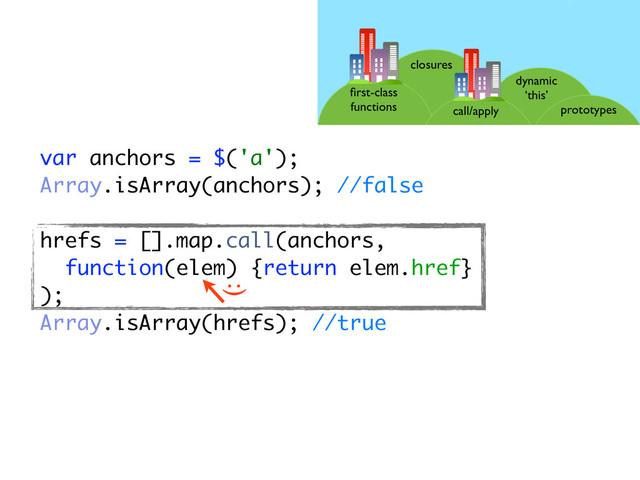 var anchors = $('a');
Array.isArray(anchors); //false
hrefs = [].map.call(anchors,
function(elem) {return elem.href}
);
Array.isArray(hrefs); //true
:)
