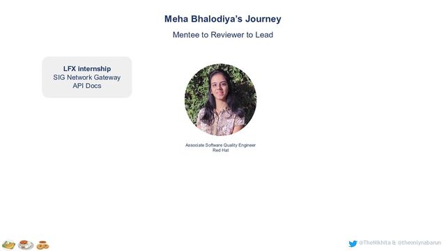 @TheNikhita & @theonlynabarun
LFX internship
SIG Network Gateway
API Docs
Meha Bhalodiya’s Journey
Mentee to Reviewer to Lead
Associate Software Quality Engineer
Red Hat
