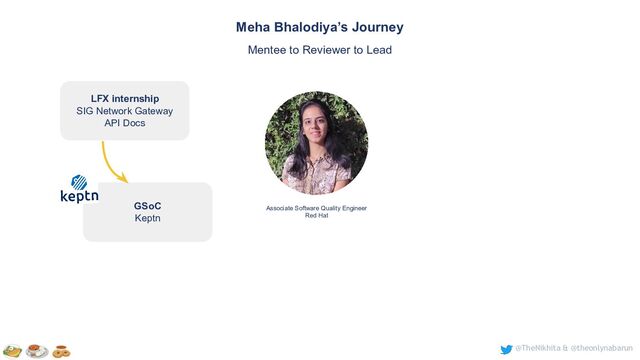 @TheNikhita & @theonlynabarun
GSoC
Keptn
LFX internship
SIG Network Gateway
API Docs
Meha Bhalodiya’s Journey
Mentee to Reviewer to Lead
Associate Software Quality Engineer
Red Hat
