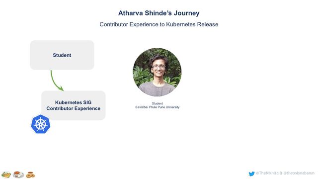 @TheNikhita & @theonlynabarun
Student
Savitribai Phule Pune University
Atharva Shinde’s Journey
Contributor Experience to Kubernetes Release
Kubernetes SIG
Contributor Experience
Student
