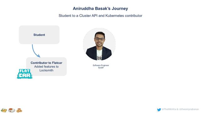 @TheNikhita & @theonlynabarun
Software Engineer
Syself
Aniruddha Basak’s Journey
Student to a Cluster API and Kubernetes contributor
Contributor to Flatcar
Added features to
Locksmith
Student
