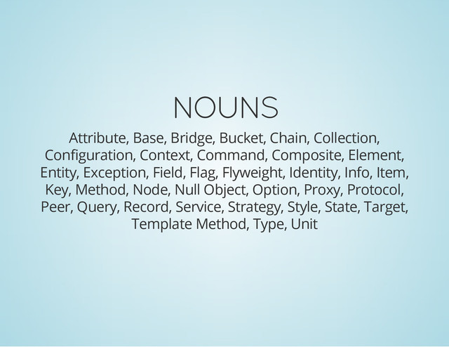 NOUNS
Attribute, Base, Bridge, Bucket, Chain, Collection,
Configuration, Context, Command, Composite, Element,
Entity, Exception, Field, Flag, Flyweight, Identity, Info, Item,
Key, Method, Node, Null Object, Option, Proxy, Protocol,
Peer, Query, Record, Service, Strategy, Style, State, Target,
Template Method, Type, Unit
