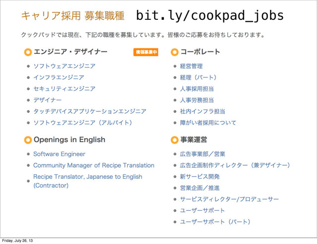 bit.ly/cookpad_jobs
Friday, July 26, 13
