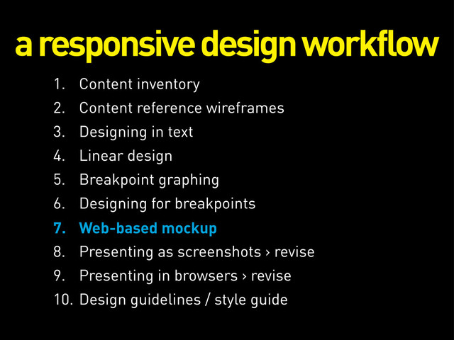 a responsive design workflow
1. Content inventory
2. Content reference wireframes
3. Designing in text
4. Linear design
5. Breakpoint graphing
6. Designing for breakpoints
7. Web-based mockup
8. Presenting as screenshots > revise
9. Presenting in browsers > revise
10. Design guidelines / style guide
