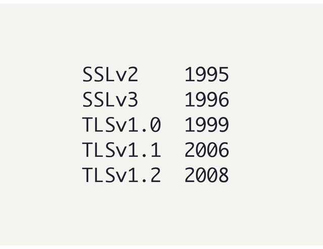 SSLv2 1995
SSLv3 1996
TLSv1.0 1999
TLSv1.1 2006
TLSv1.2 2008
