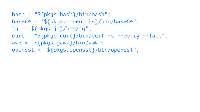 bash = "${pkgs.bash}/bin/bash";
base64 = "${pkgs.coreutils}/bin/base64";
jq = "${pkgs.jq}/bin/jq";
curl = "${pkgs.curl}/bin/curl -s --retry --fail";
awk = "${pkgs.gawk}/bin/awk";
openssl = "${pkgs.openssl}/bin/openssl";
