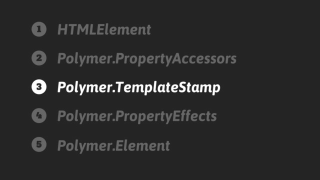 HTMLElement
Polymer.PropertyAccessors
Polymer.TemplateStamp
Polymer.PropertyEffects
Polymer.Element
1
2
3
4
5
