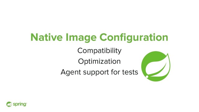 Native Image Conﬁguration
Compatibility
Optimization
Agent support for tests
