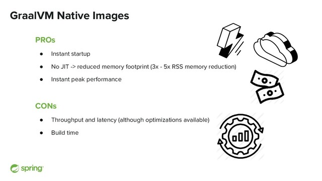 GraalVM Native Images
PROs
● Instant startup
● No JIT -> reduced memory footprint (3x - 5x RSS memory reduction)
● Instant peak performance
CONs
● Throughput and latency (although optimizations available)
● Build time
