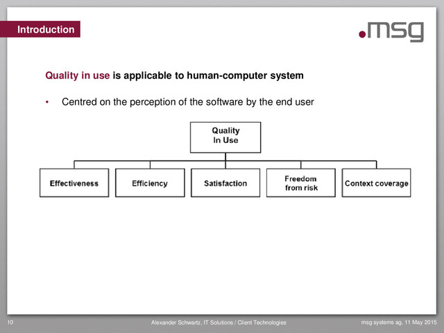 msg systems ag, 11 May 2015
Alexander Schwartz, IT Solutions / Client Technologies
10
• Centred on the perception of the software by the end user
Introduction
Quality in use is applicable to human-computer system
