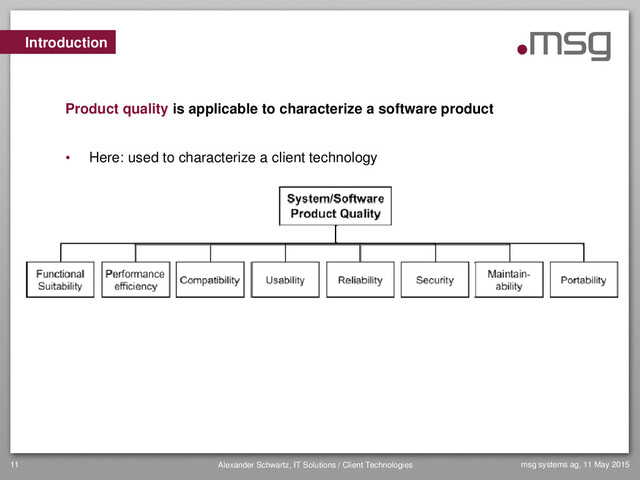 msg systems ag, 11 May 2015
Alexander Schwartz, IT Solutions / Client Technologies
11
Introduction
Product quality is applicable to characterize a software product
• Here: used to characterize a client technology
