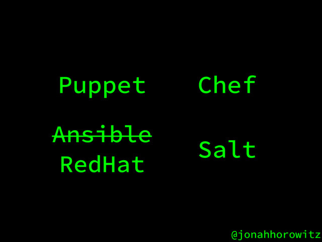 @jonahhorowitz
Puppet Chef
Salt
Ansible
RedHat
